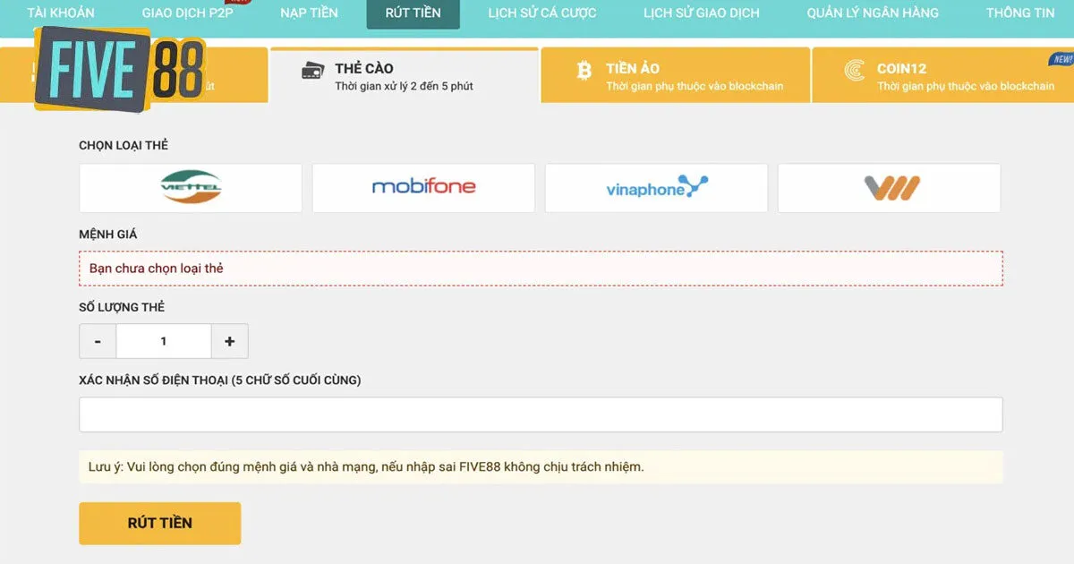 Điều kiện để rút tiền Five88 thành công