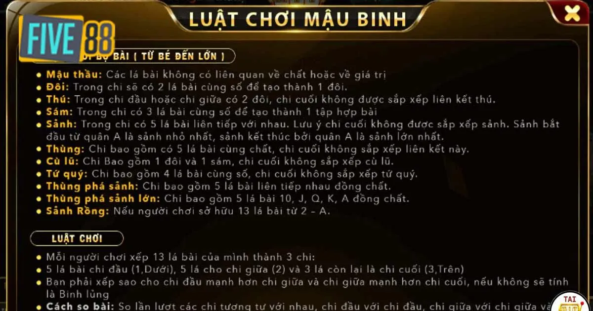 Luật chơi Mậu Binh Five88 chi tiết nhất cho tân binh